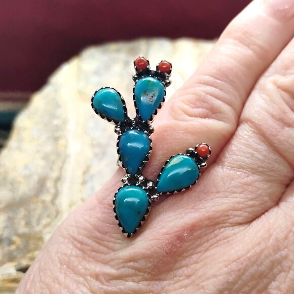 Southwest Sterling Silver Prickly Pear Cactus Ring w/Turquoise & Coral Size 7 - Picture 2 of 5